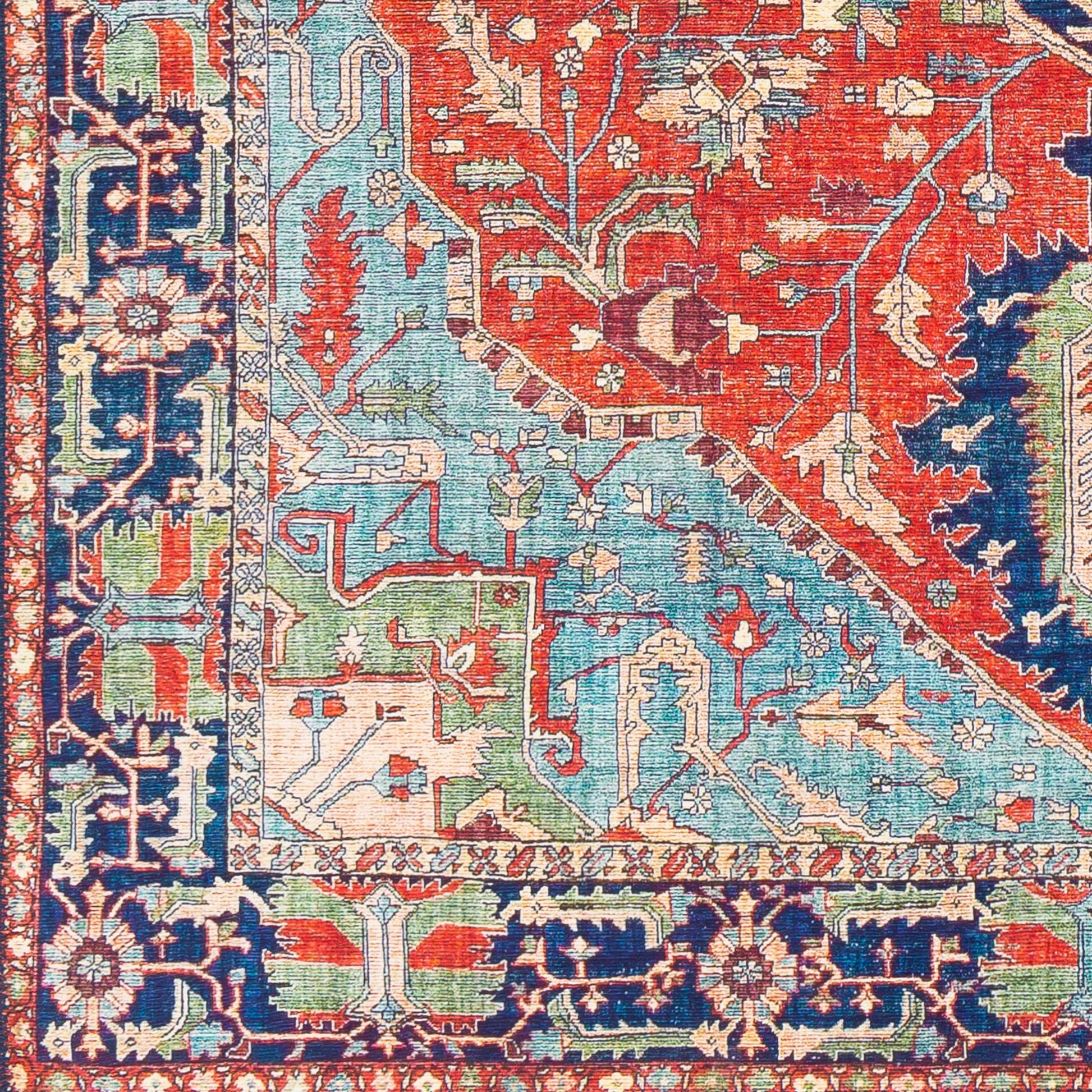 Iris Rug by Livabliss in red, burnt orange, dark blue, ink blue, pale blue, green. Made from 100% polyester in a traditional style.