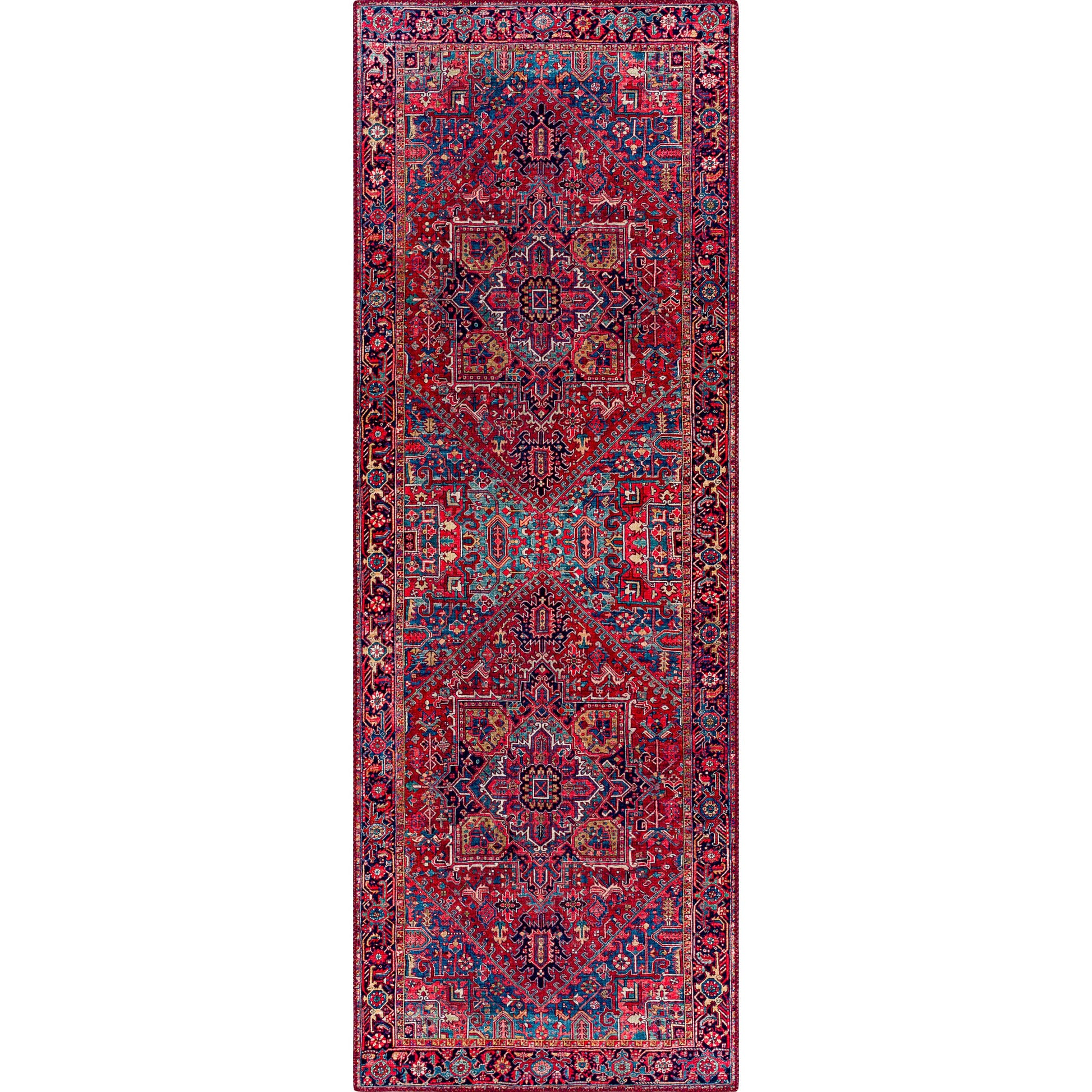 Iris Rug by Livabliss in dark blue, red, tan, teal, cream. Made from 100% polyester in a traditional style.