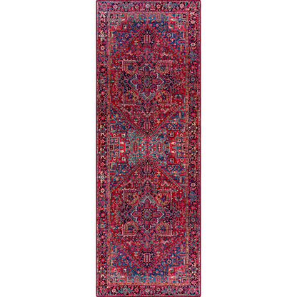 Iris Rug by Livabliss in dark blue, red, tan, teal, cream. Made from 100% polyester in a traditional style.