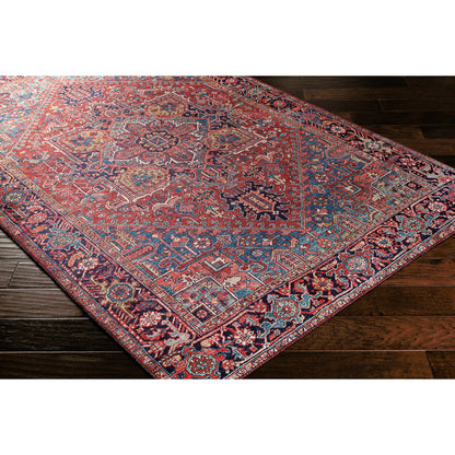 Iris Rug by Livabliss in dark blue, red, tan, teal, cream. Made from 100% polyester in a traditional style.