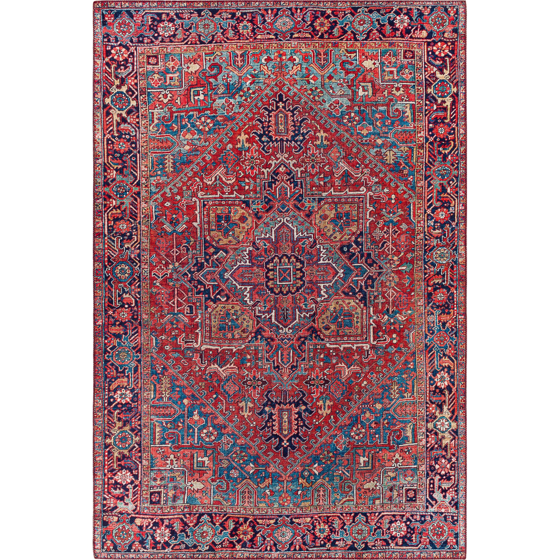 Iris Rug by Livabliss in dark blue, red, tan, teal, cream. Made from 100% polyester in a traditional style.