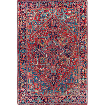 Iris Rug by Livabliss in dark blue, red, tan, teal, cream. Made from 100% polyester in a traditional style.