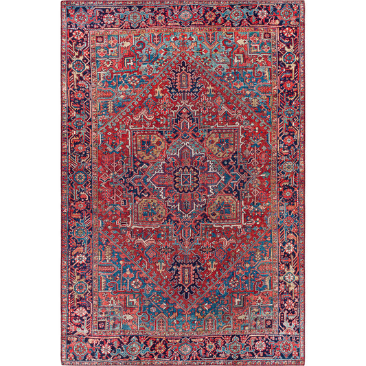 Iris Rug by Livabliss in red, bright blue, navy. Made from 100% polyester in a traditional style.
