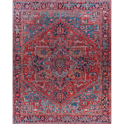 Iris Rug by Livabliss in dark blue, red, tan, teal, cream. Made from 100% polyester in a traditional style.