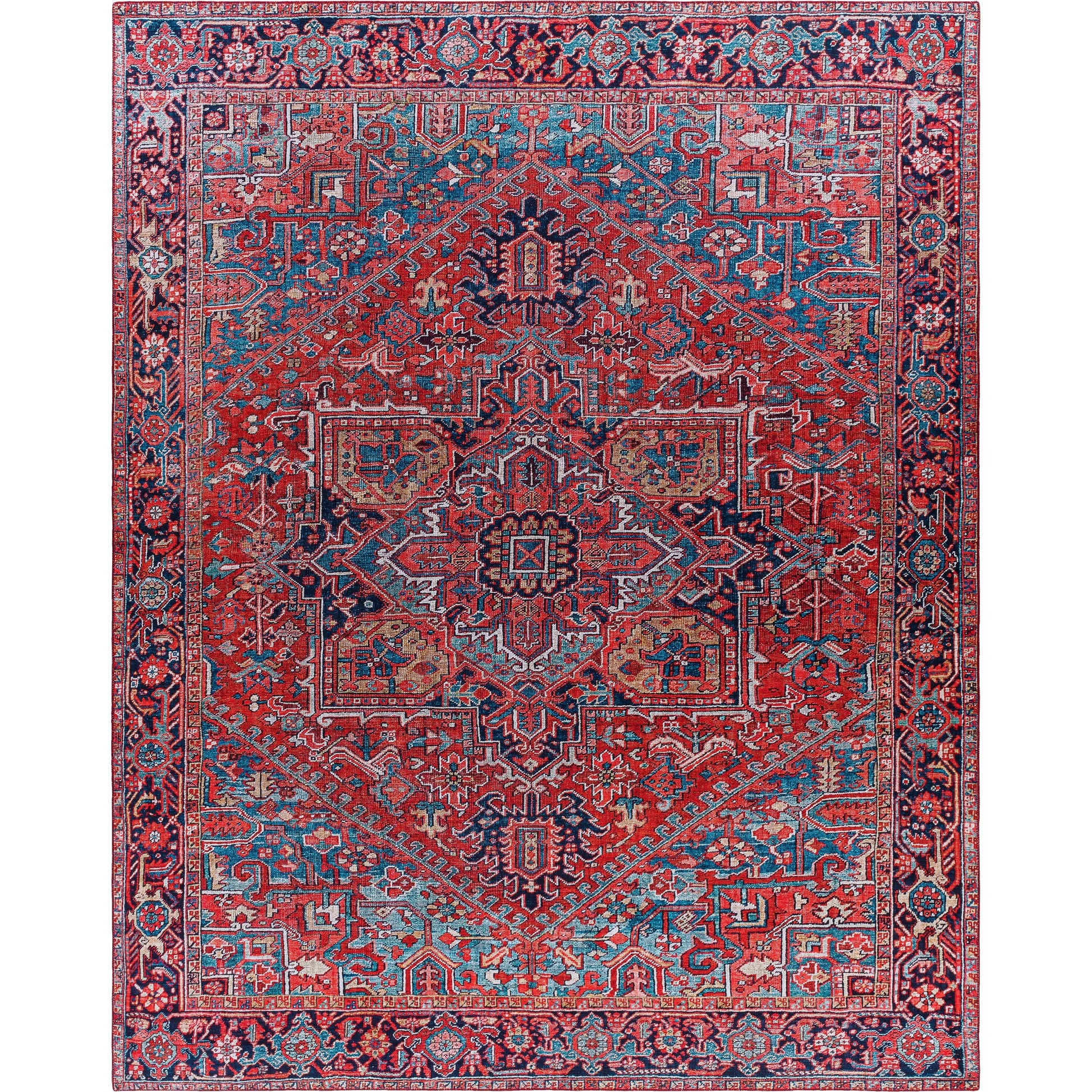 Iris Rug by Livabliss in dark blue, red, tan, teal, cream. Made from 100% polyester in a traditional style.