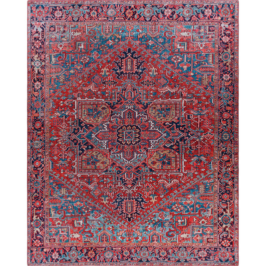 Iris Rug by Livabliss in red, bright blue, navy. Made from 100% polyester in a traditional style.
