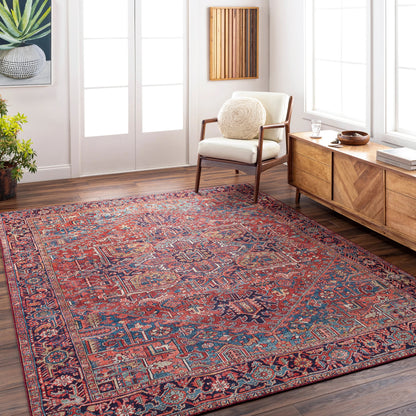 Iris Rug by Livabliss in dark blue, red, tan, teal, cream. Made from 100% polyester in a traditional style.