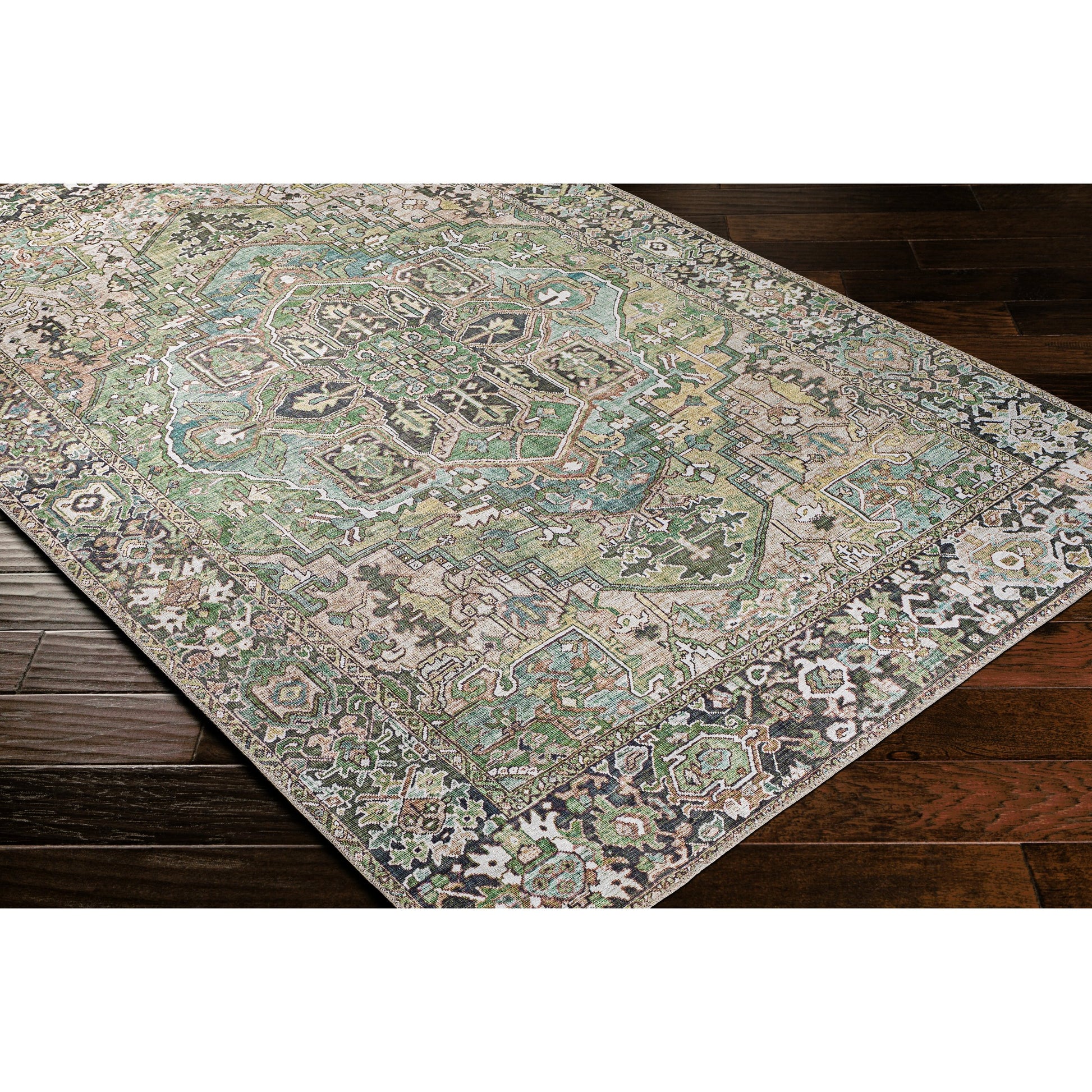 Iris Rug - 19334 by Livabliss in medium green, dark blue, charcoal, light olive, sage, light beige. Made from polyester in a unique style.