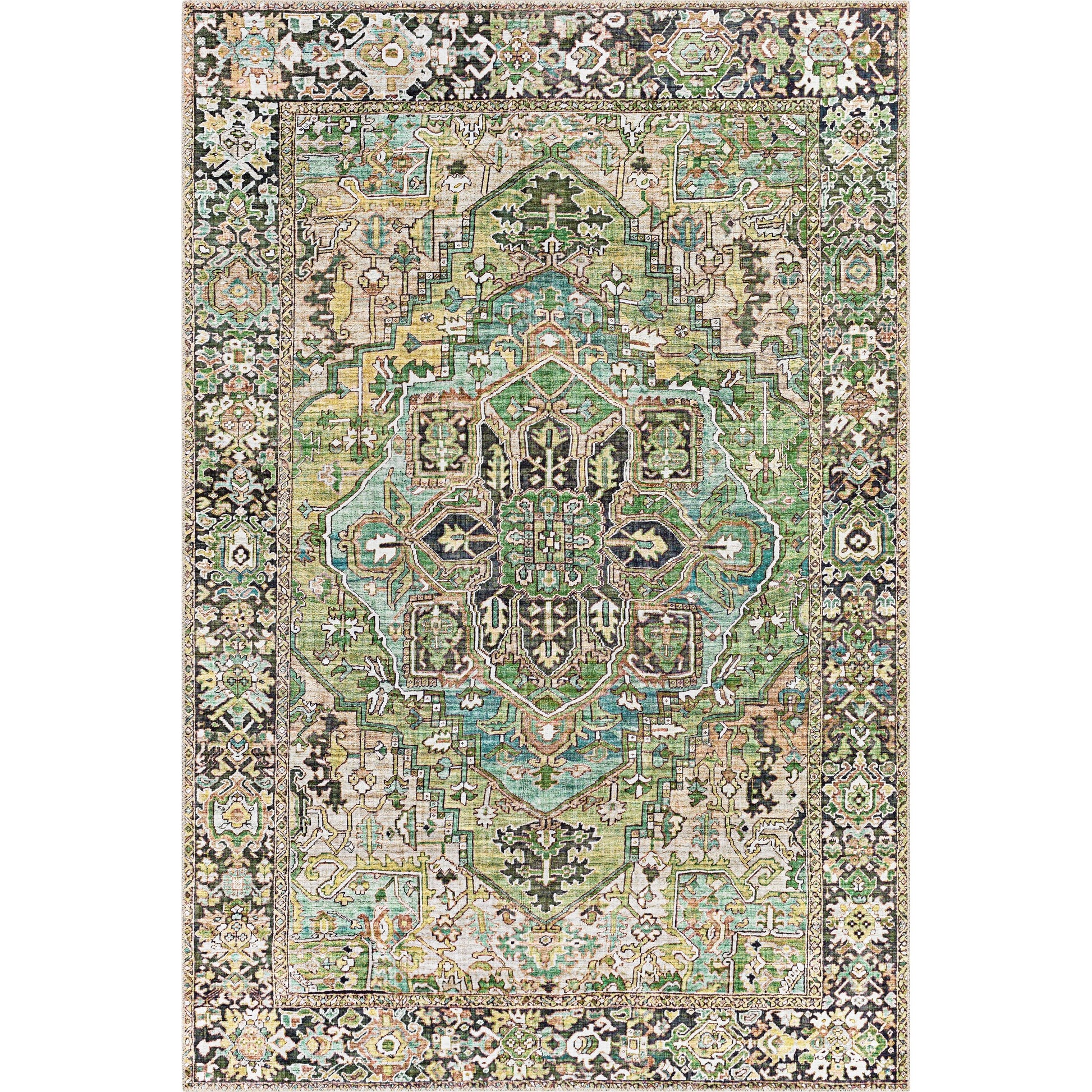 Iris Rug - 19334 by Livabliss in medium green, dark blue, charcoal, light olive, sage, light beige. Made from polyester in a unique style.