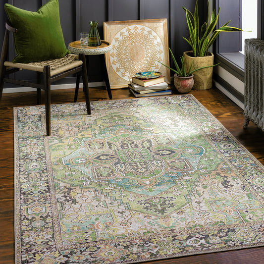 Iris Rug - 19334 by Livabliss in medium green, dark blue, charcoal, light olive, sage, light beige. Made from polyester in a unique style.