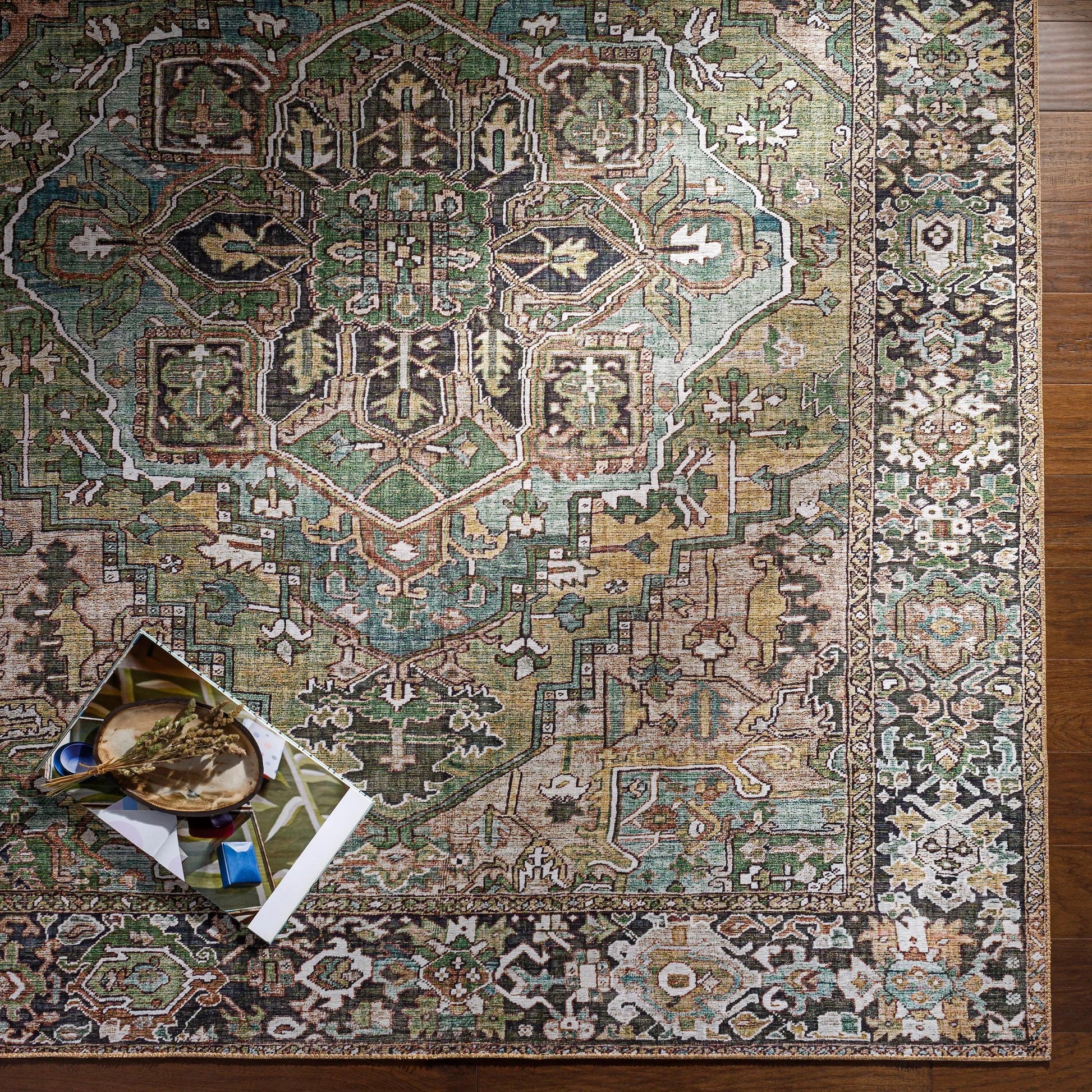 Iris Rug - 19334 by Livabliss in medium green, dark blue, charcoal, light olive, sage, light beige. Made from polyester in a unique style.