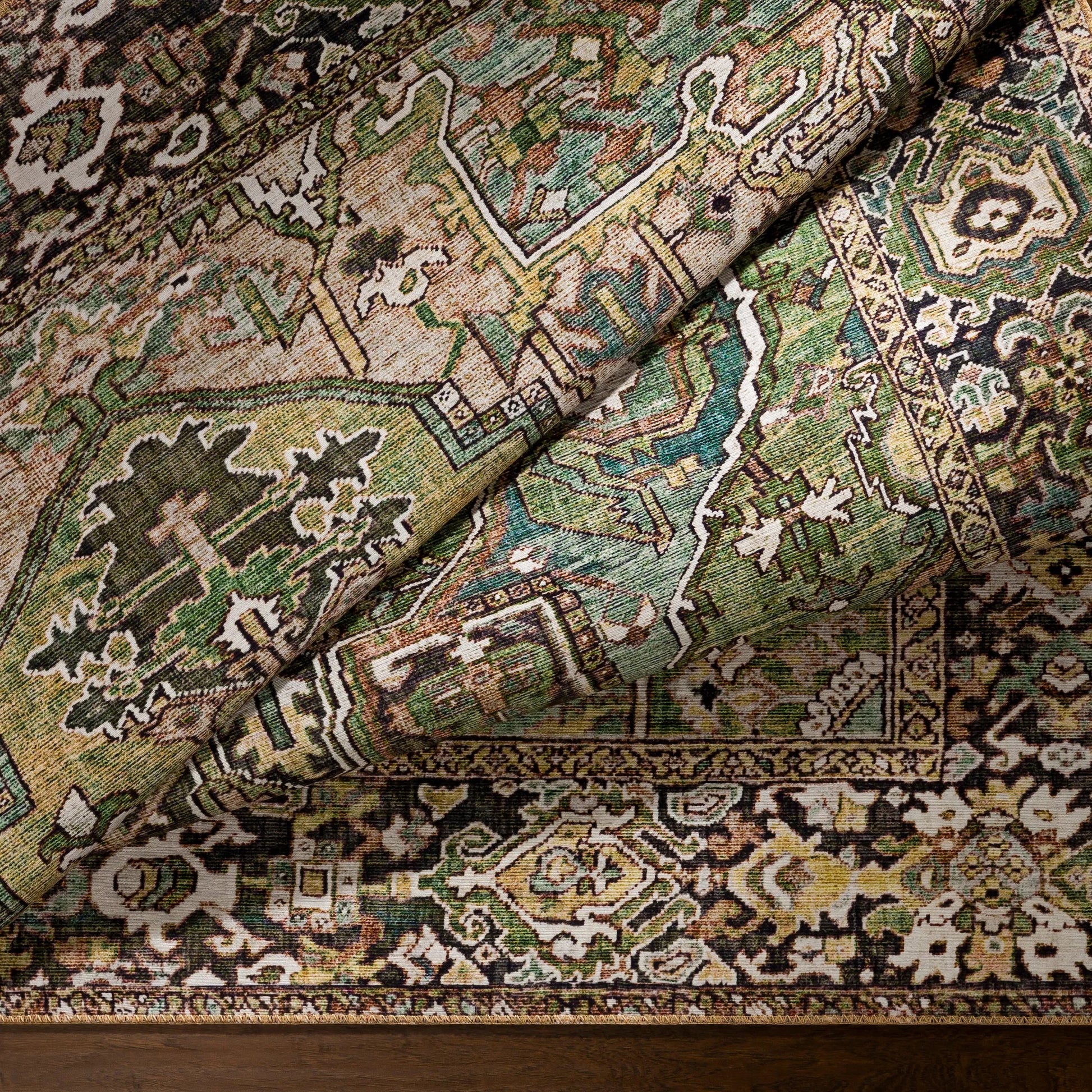 Iris Rug - 19334 by Livabliss in medium green, dark blue, charcoal, light olive, sage, light beige. Made from polyester in a unique style.