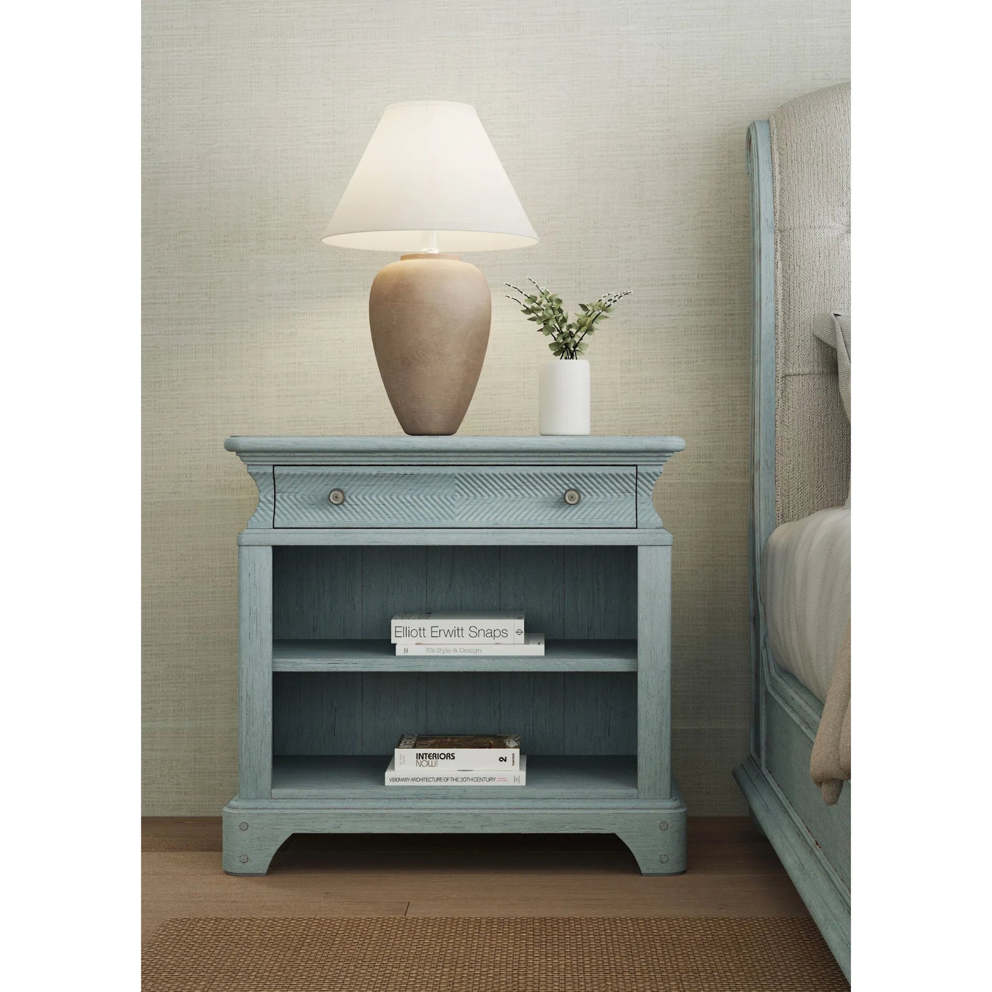 Summer Creek Nightstand by A.R.T. Furniture in shutter blue. Made from flakey cathedral oak veneer, parawood solids in a cottage & farmhouse style.