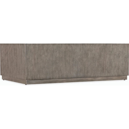 Commerce & Market Travelers Cocktail Table by Hooker Furniture in dark wood and dark wood finish. Made from hand forged sheet metal, oak veneers and tempered glass in a modern style.