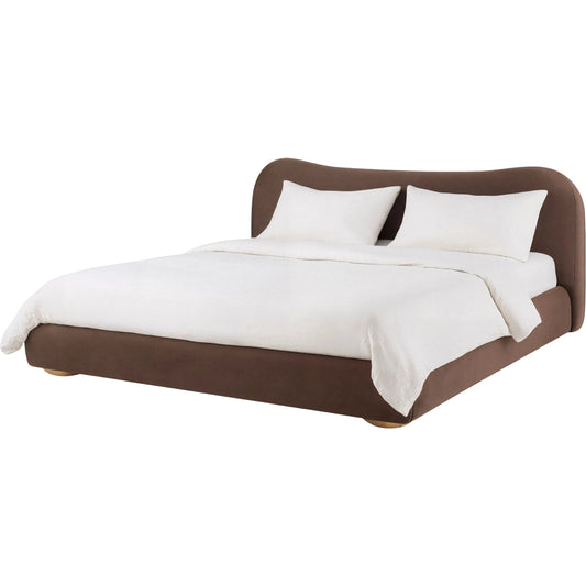 Isbah Upholstered Bed by Surya in brown. Made from polyester, rubber wood, polyurethane foam in a eclectic & global style.