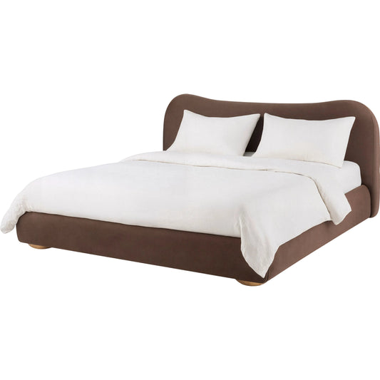 Isbah Upholstered Bed by Surya in brown. Made from polyester, rubber wood, polyurethane foam in a eclectic & global style.