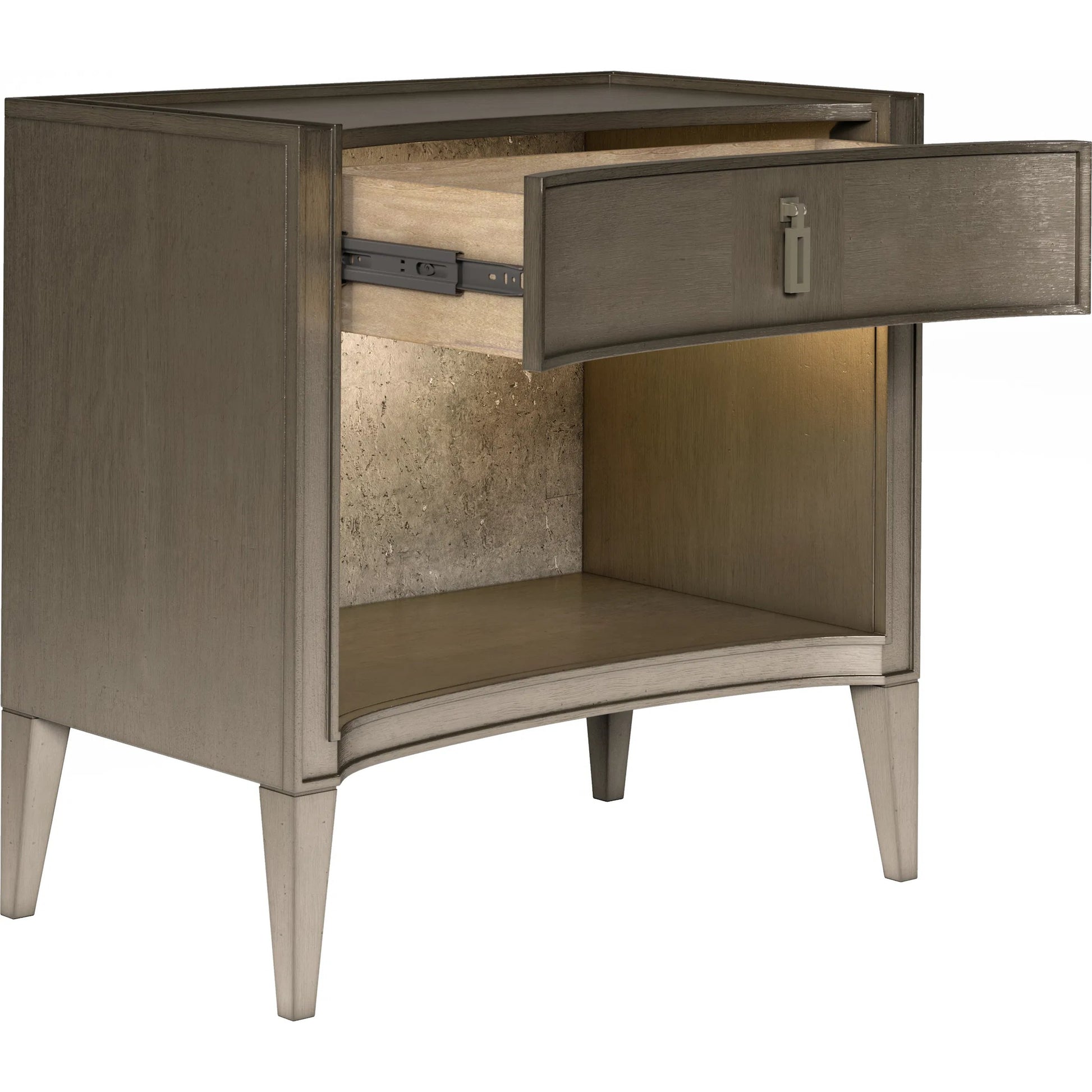 Cove Open Nightstand by A.R.T. Furniture in grey and mica. Made from rubberwood solids, primavera veneers, cork, metal in a traditional style.