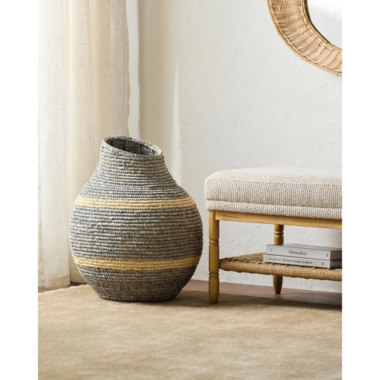 Ishani Basket by Surya in grey, beige and powder coated. Made from raffia, iron in a unique style.
