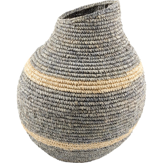 Ishani Basket by Surya in grey, beige and powder coated. Made from raffia, iron in a unique style.