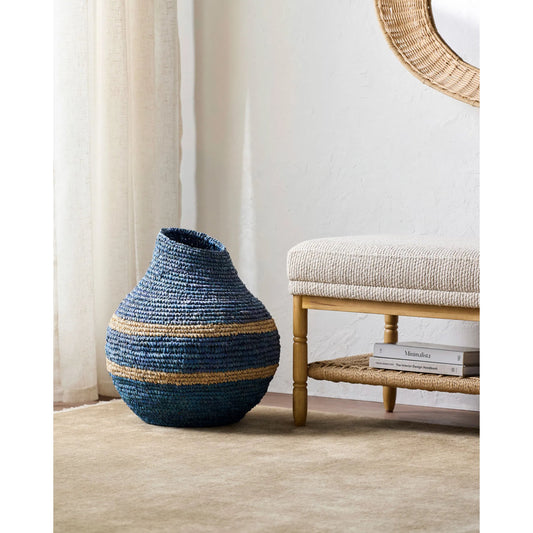 Ishani Basket by Surya in blue, beige and powder coated. Made from raffia, iron in a unique style.