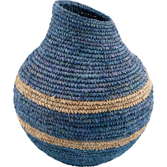 Ishani Basket by Surya in blue, beige and powder coated. Made from raffia, iron in a unique style.