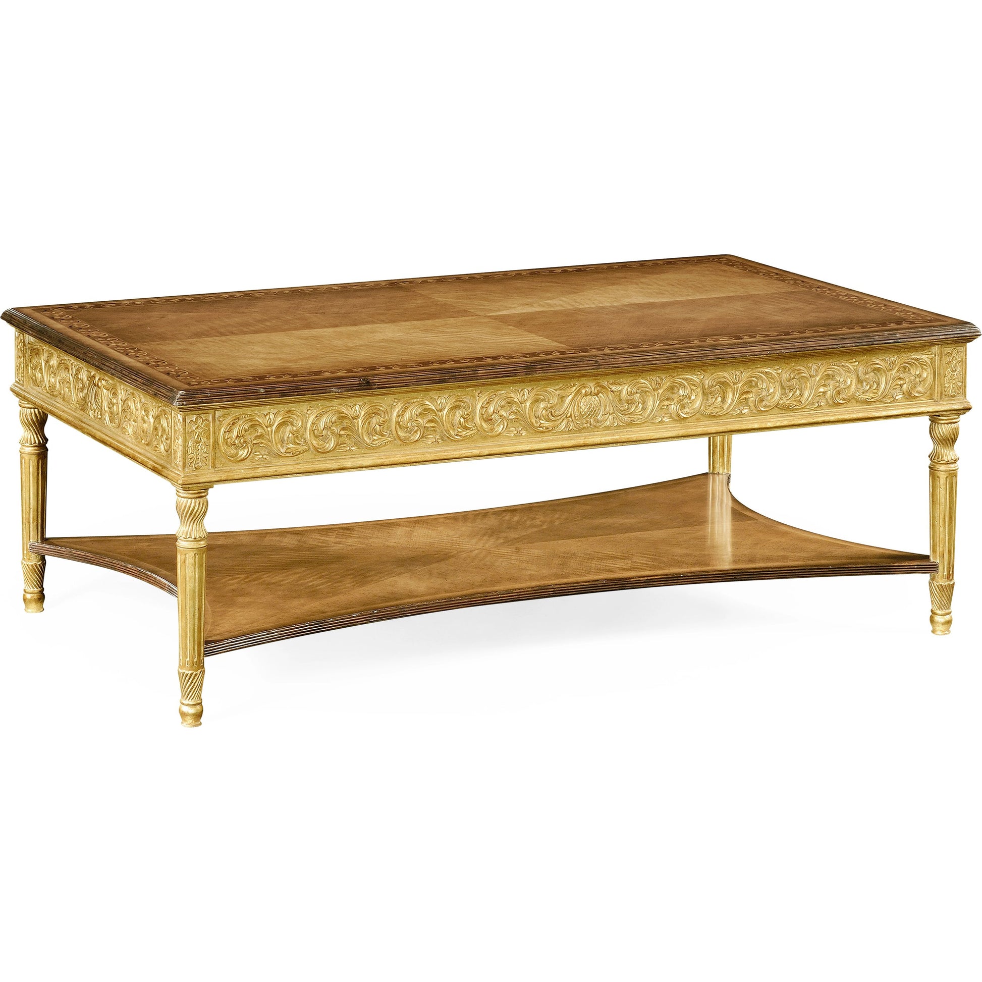 Versailles Louis Xiv Style Rectangular Coffee Table by Jonathan Charles in gold and light antique gold-leaf. Made from acacia in a traditional style.