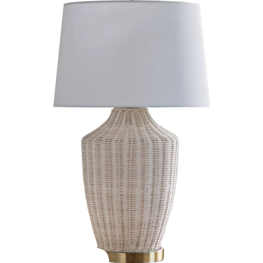 Isola Accent Table Lamp 556609 by Surya in body: wheat; base: metallic - brass; shade: white; finial: metallic - brass; harp: metallic - gold; cord: translucent and platednaturalplated. Made from rattan, iron, linen in a uni