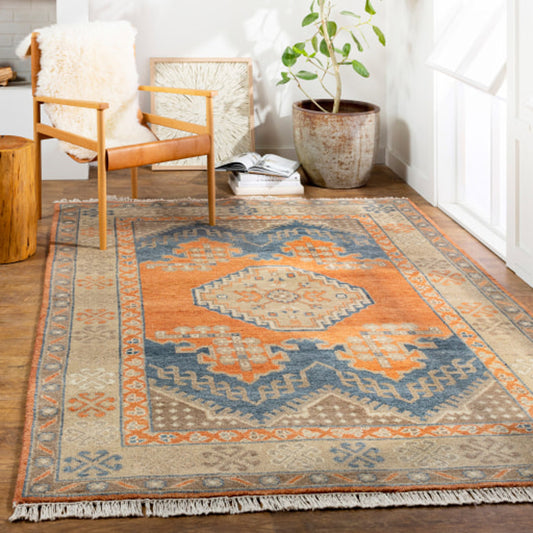 Isparta Rug - 25930 by Surya in brown, dusty sage, tan, burnt orange, dark blue. Made from 100% wool in a unique style.