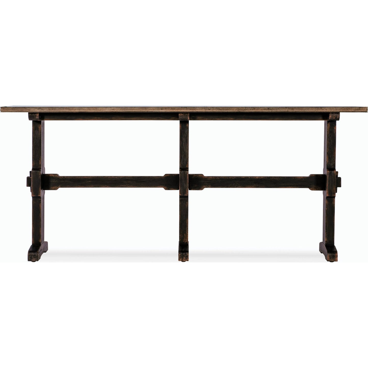 002 SI-2185778 | Additional Silo | Americana Trestle Console Table by Hooker Furniture in black and molasses finish. Made from oak veneers with solid-wood edge top in a modern style.
