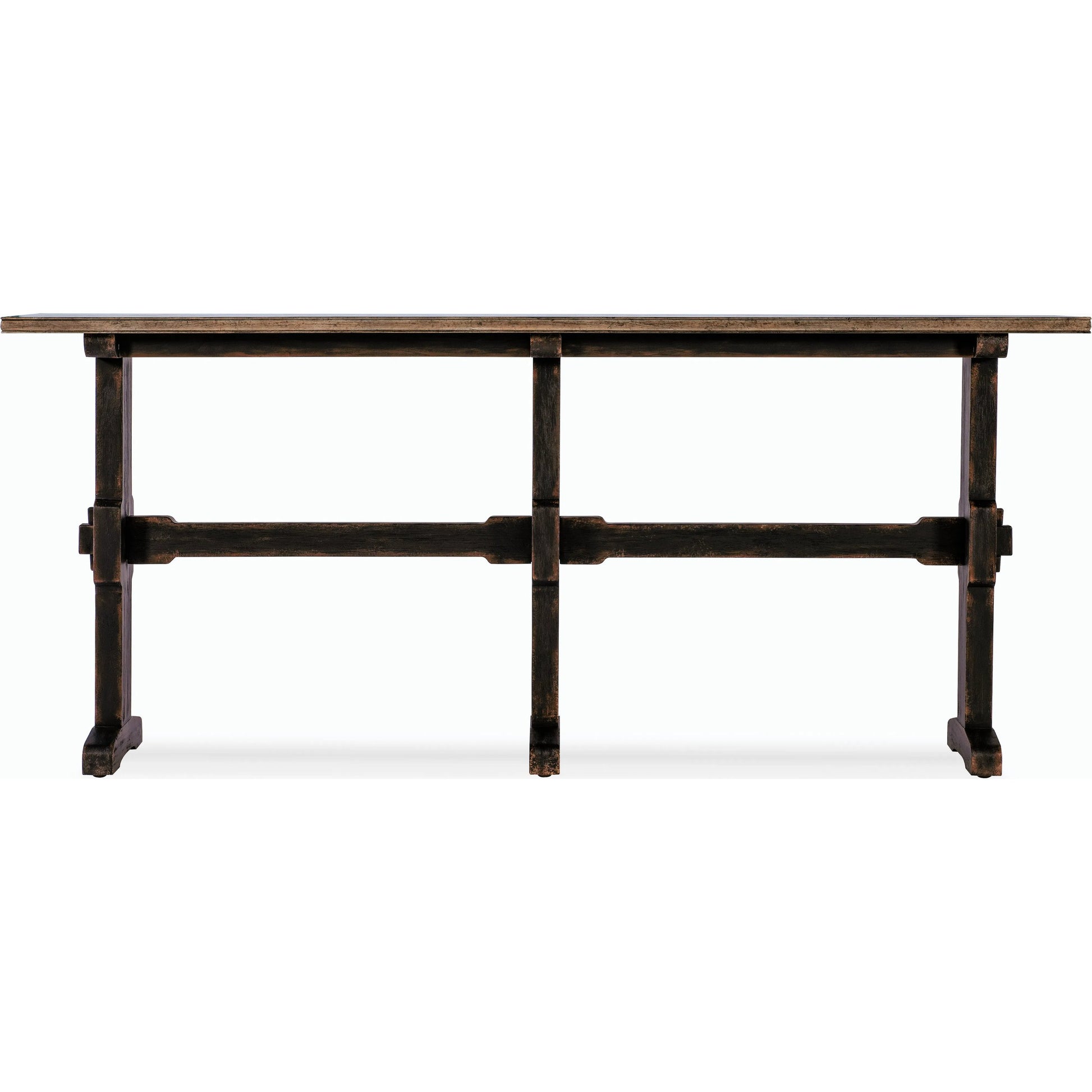 Americana Trestle Console Table by Hooker Furniture in black and molasses finish. Made from oak veneers with solid-wood edge top in a modern style.
