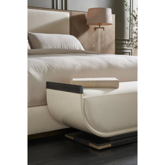 Crete End of Bed Bench by Caracole in ivory, gold and charred bark, brushed gold paint, ivory craze. Made from poplar, dyed makore in a unique style.