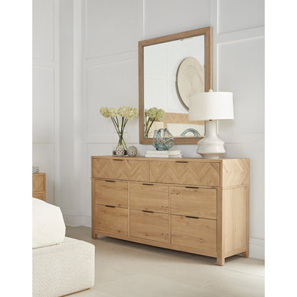 Garrison Dresser by A.R.T. Furniture in washed oak, burnished brass. Made from parawood solids with ash embossing, white oak veneers, metal in a cottage & farmhouse style.