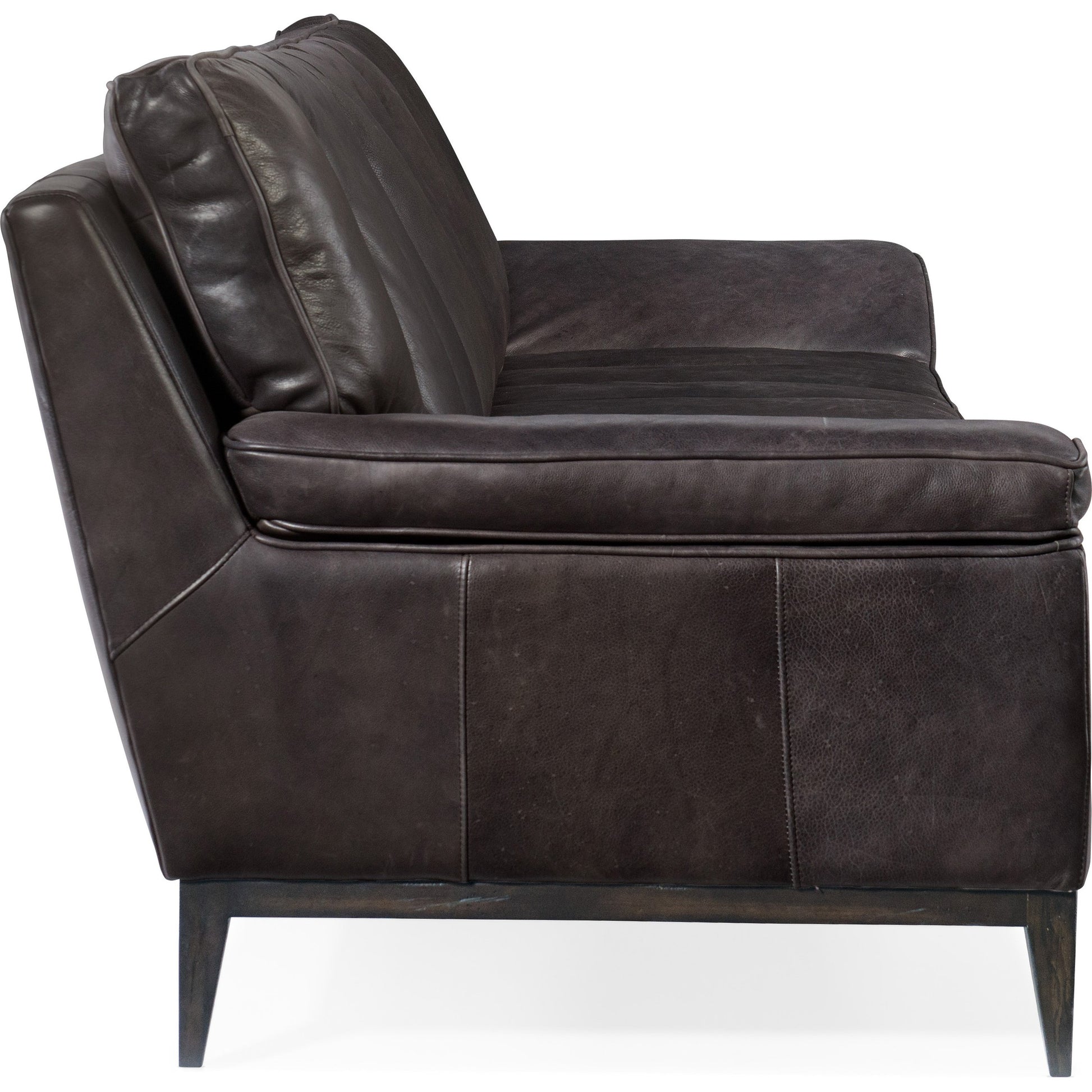 Kandor Sofa by Hooker Furniture in debonair graphite. Made from leather in a traditional style.