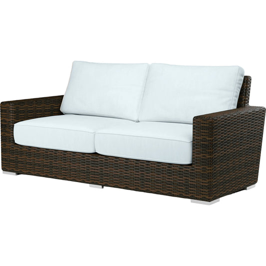 Montecito Outdoor Loveseat by Sunset West in cognac. Made from resin wicker in a modern style.