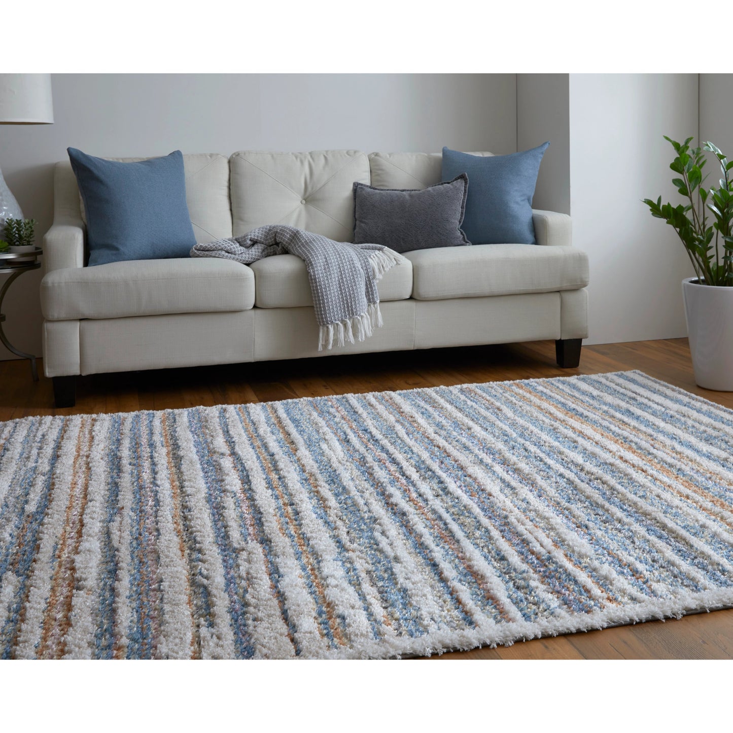 007 SI-2007159,SI-2007160,SI-2007161,SI-2007162 | Lifestyle | Mynka Transitional Stripes Rug - 39IEF by Feizy in ivory, blue, orange. Made from polyester in a unique style.
