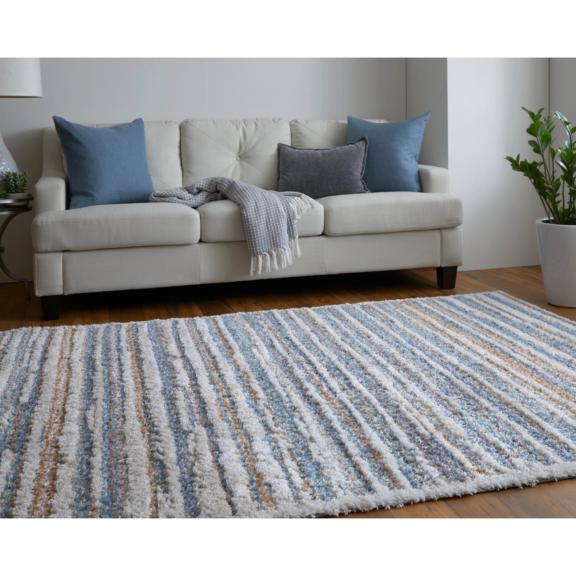 Mynka Transitional Stripes Rug - 39IEF by Feizy in ivory, blue, orange. Made from polyester in a unique style.