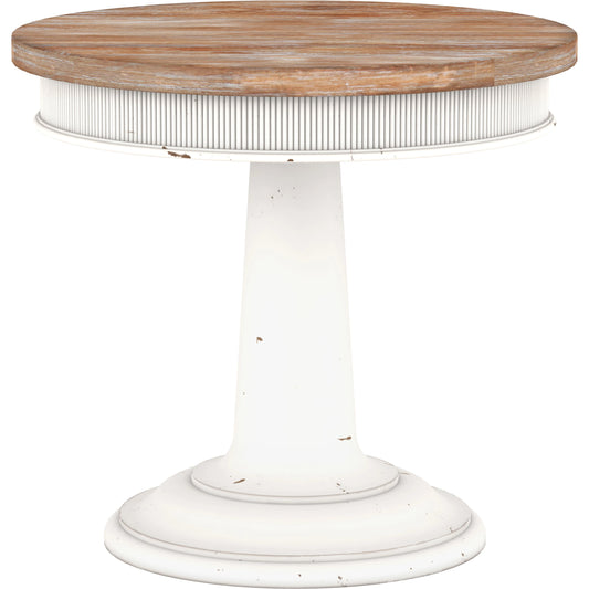 Palisade Round End Table by A.R.T. Furniture in white and vintage white, vintage hickory. Made from poplar and parawood solids, hickory veneers, resin in a modern style.