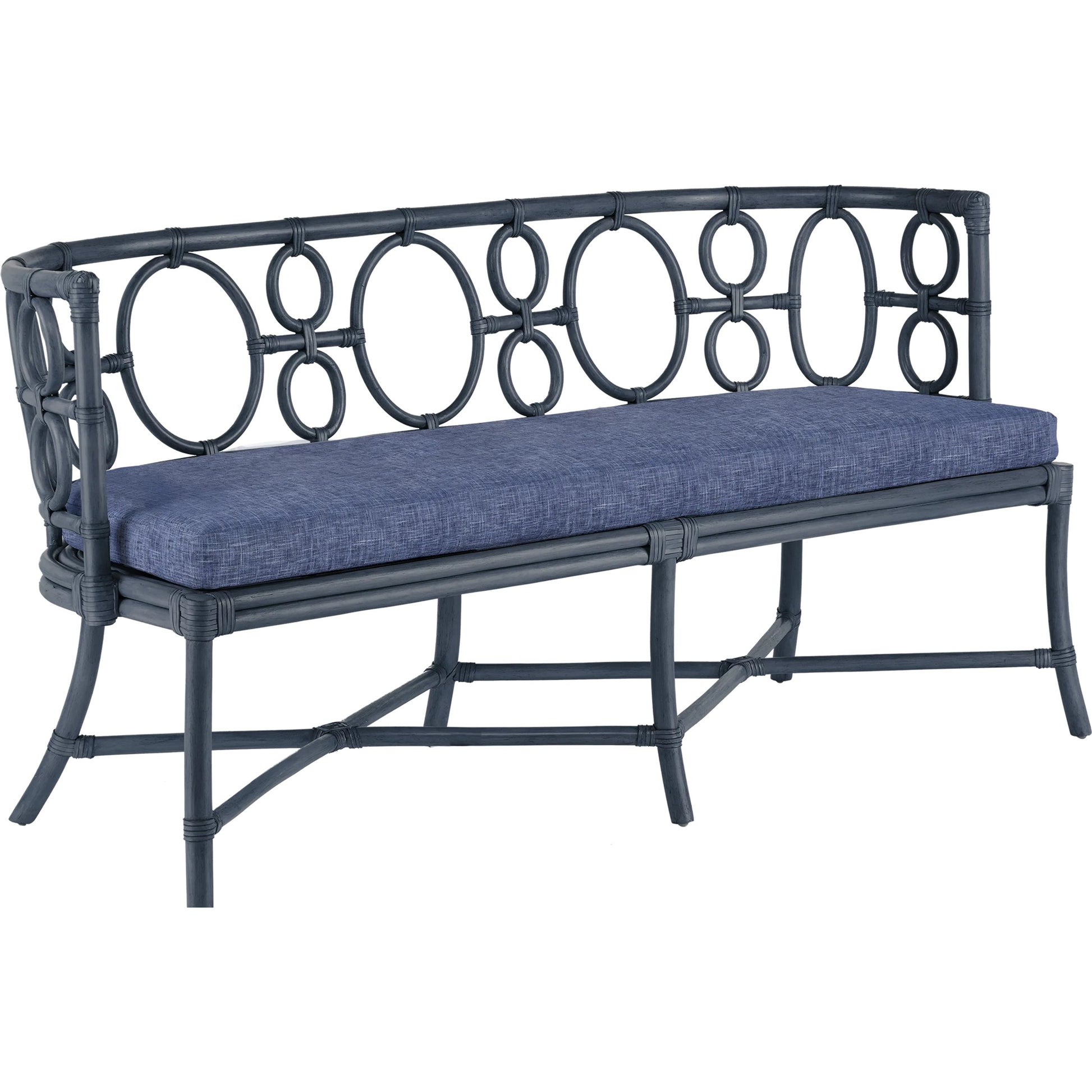 Tegal Bench by Currey and Company in vintage navy, finn indigo. Made from rattan, wood, leather, finn indigo in a eclectic & global style.