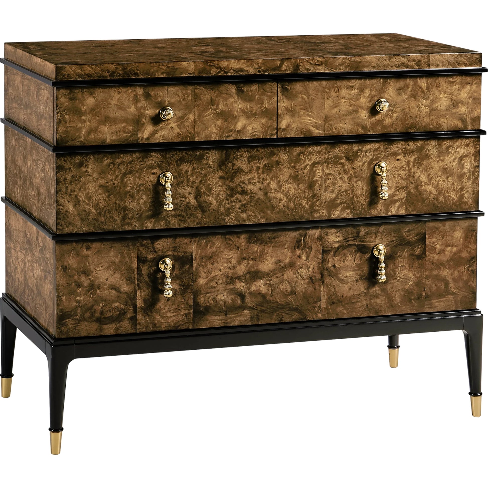 Jacques Bachelors Chest, Brown by Jonathan Charles. Made from solid beech wood, myrtle burl veneers, brass in a modern style.