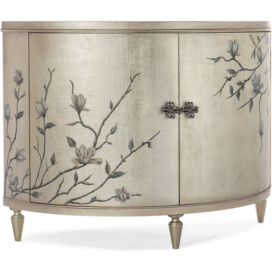 Melange Marguerite Demilune Chest by Hooker Furniture in champagne leaf. Made from wood, linen in a transitional style.