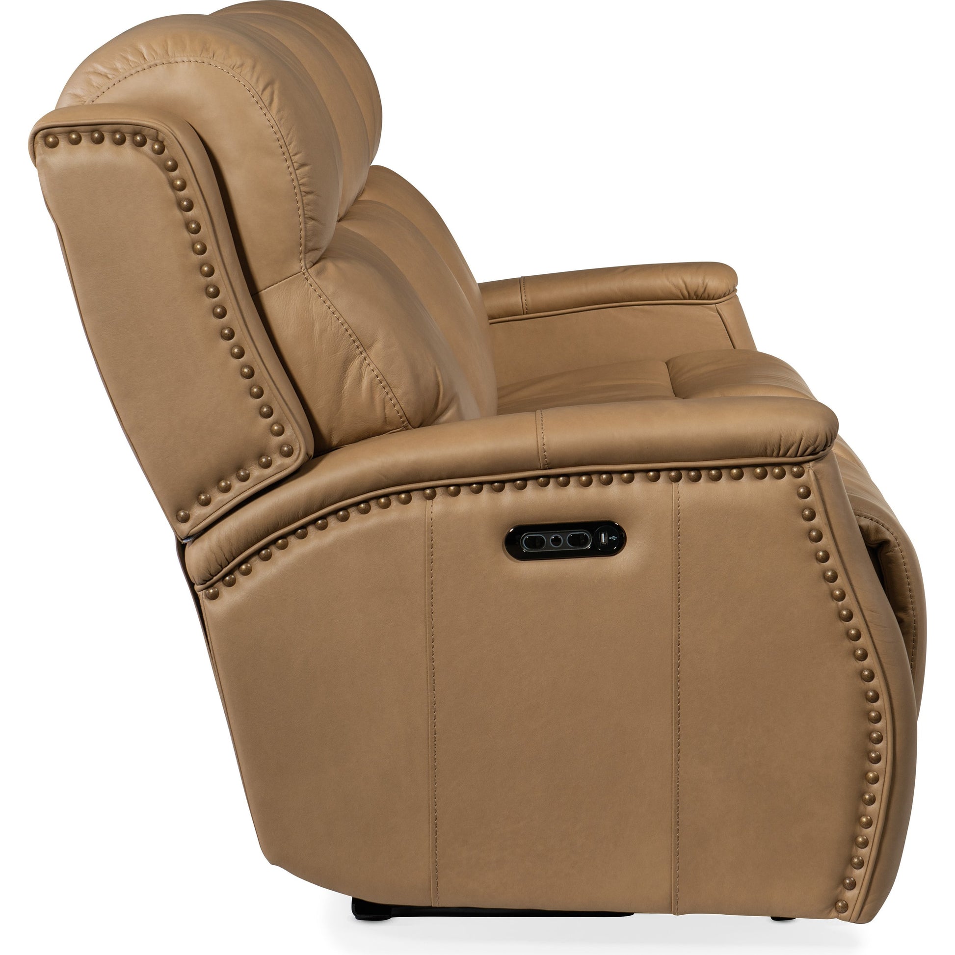 Rhea Zero Gravity Power Recline Sofa by Hooker Furniture in sahara ash. Made from leather in a traditional style.