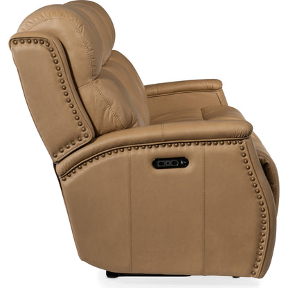 Rhea Zero Gravity Power Recline Sofa by Hooker Furniture in sahara ash. Made from leather in a traditional style.