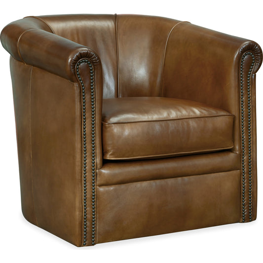 Axton Swivel Club Chair by Hooker Furniture in brown. Made from leather in a unique style.