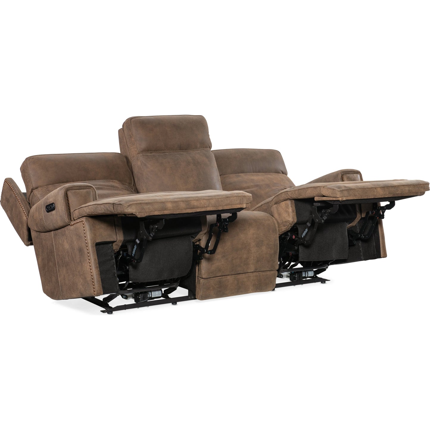 005 SI-2029072 | Additional Silo | Wheeler Power Sofa by Hooker Furniture in seville timber. Made from leather, seville timber (aniline). seville timber features natural hallmarks of the trail such as fat wrinkles healed scars, scratches, mite marks. wax-b