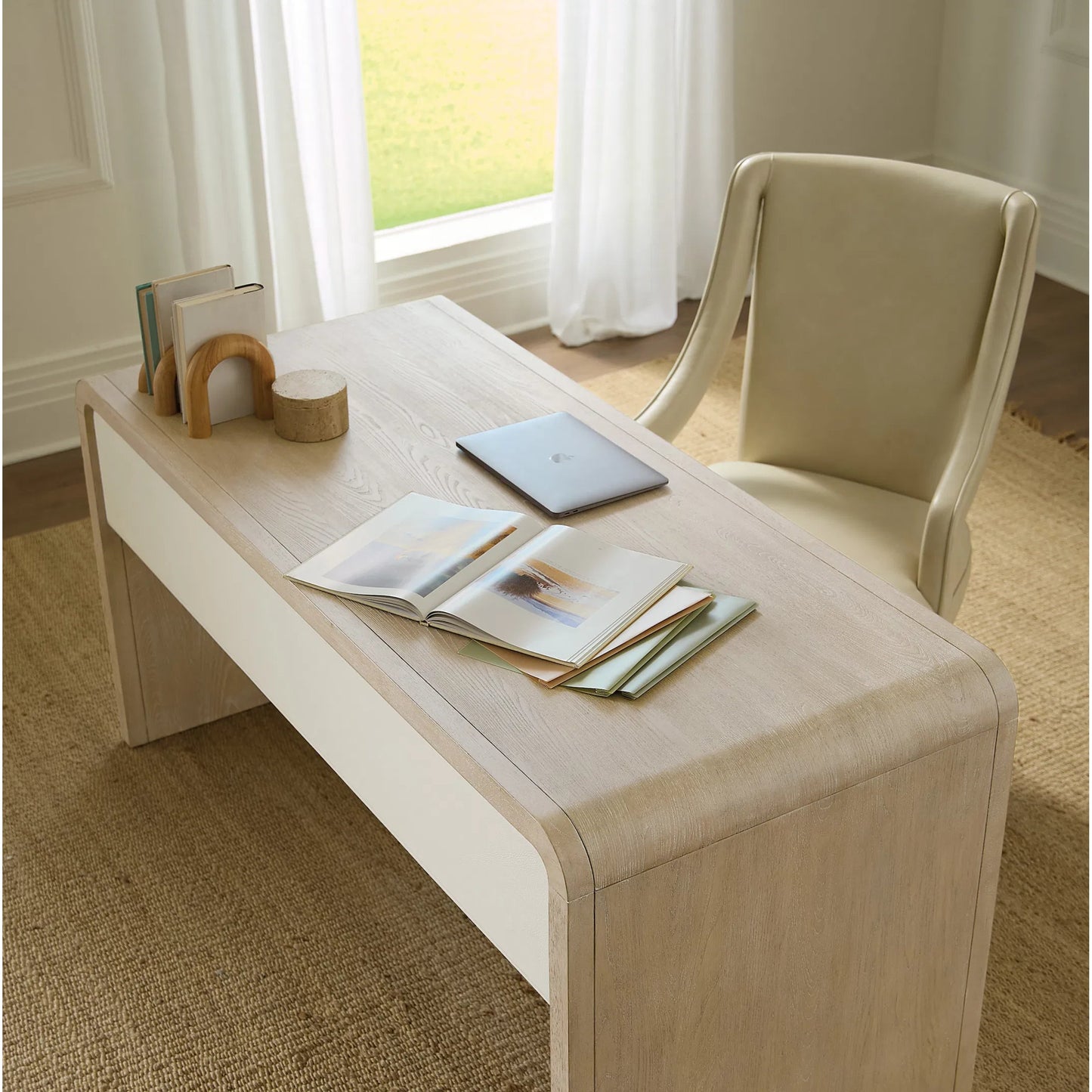 005 SI-2353898 | Lifestyle | Brixton Writing Desk by Hooker Furniture in light wood and pebble hue. Made from elm veneers in a transitional style.
