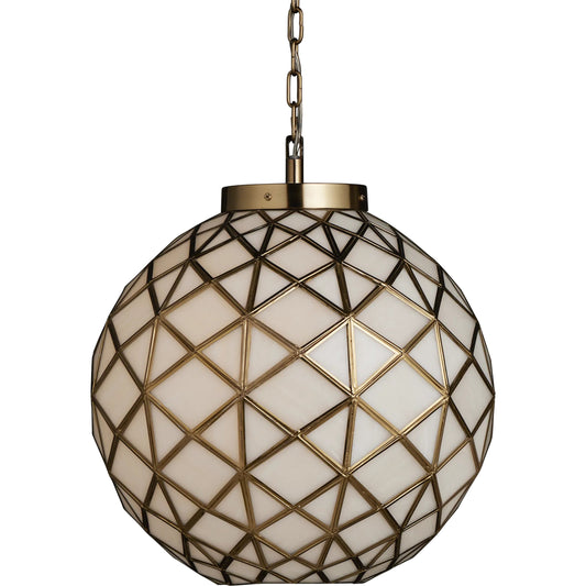 Polyhedron Pendant by Currey and Company in white, antique brass. Made from glass, brass, metal in a unique style.