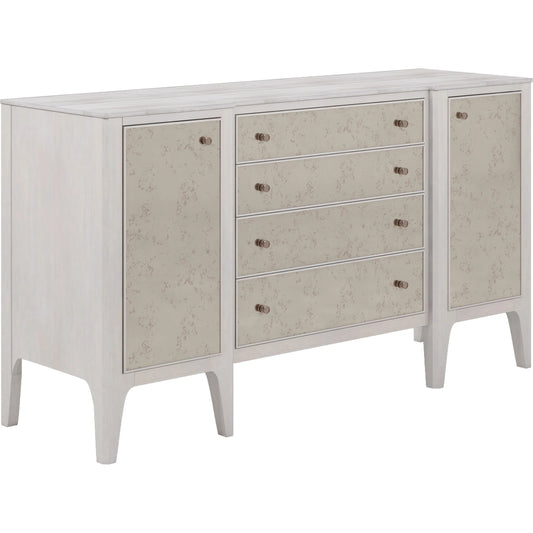 Mezzanine Buffet by A.R.T. Furniture in dove gray. Made from parawood, poplar solids, maple veneer, mirror, travertine in a modern style.
