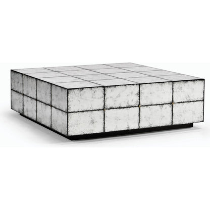 Luna Square Cocktail Table by Jonathan Charles in silver and eglomise. Made from hardwood solids, glass, brass in a modern style.