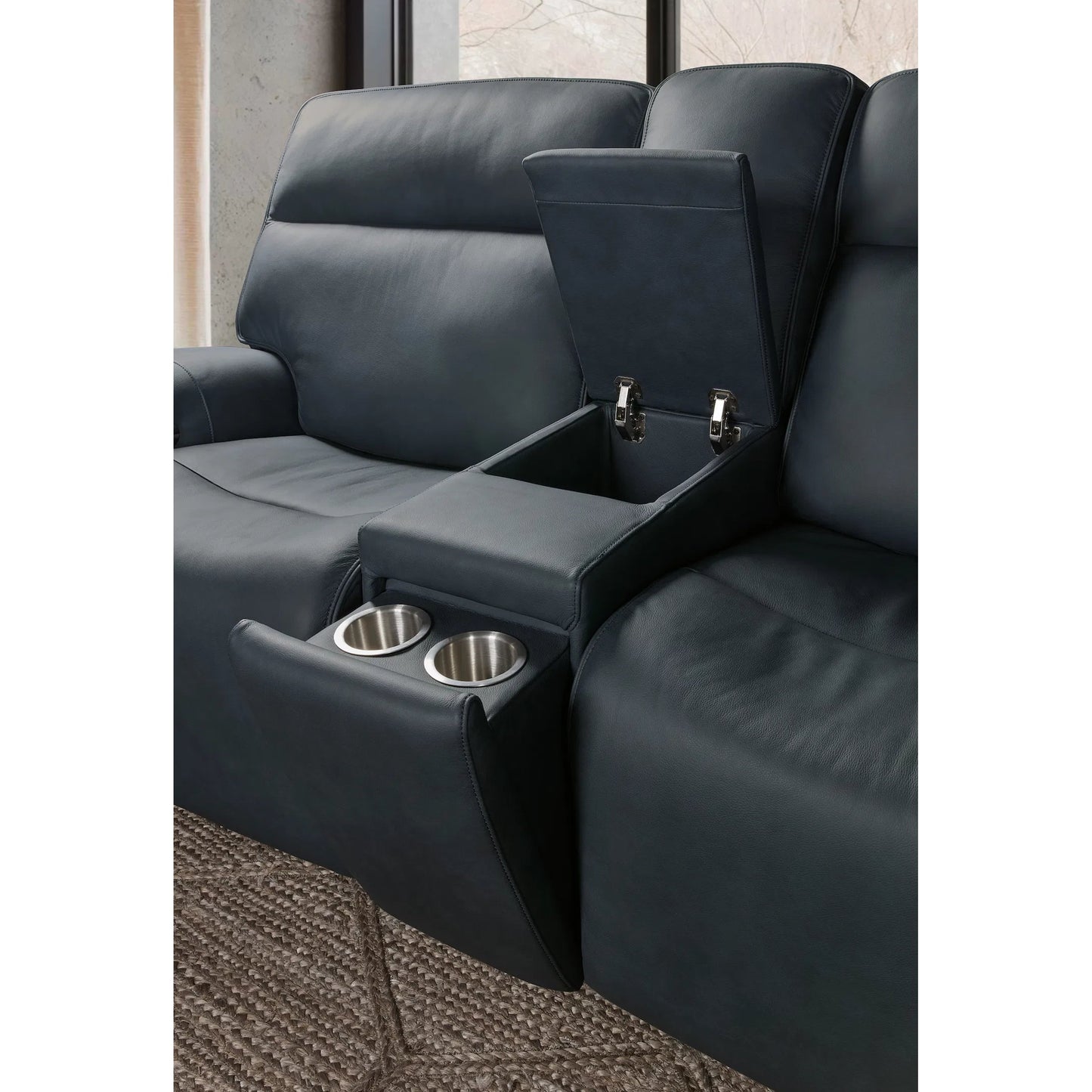 007 SI-2458641 | Closeup | Riverton Power Gliding Console Loveseat with Power Headrest and Lumbar by Hooker Furniture in dante afterdusk. Made from leather in a traditional style.