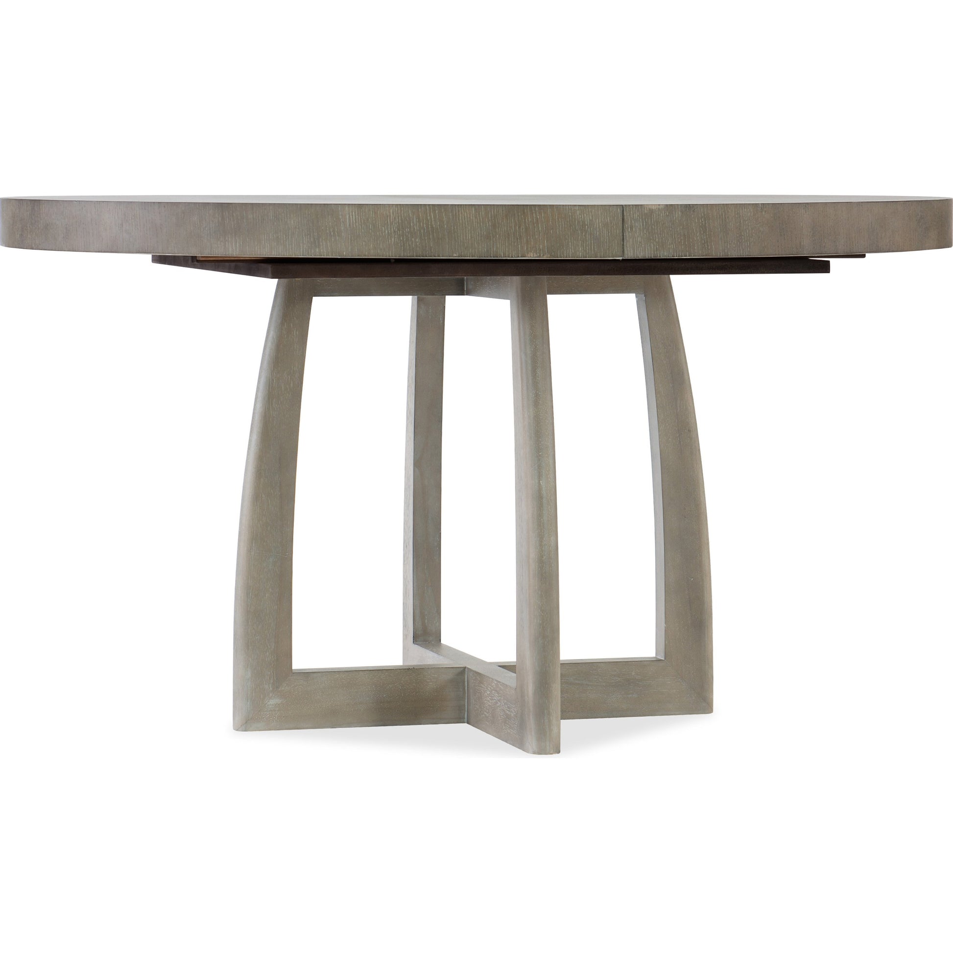 Affinity Round Pedestal Dining Table by Hooker Furniture in grays. Made from oak veneers in a eclectic & global style.